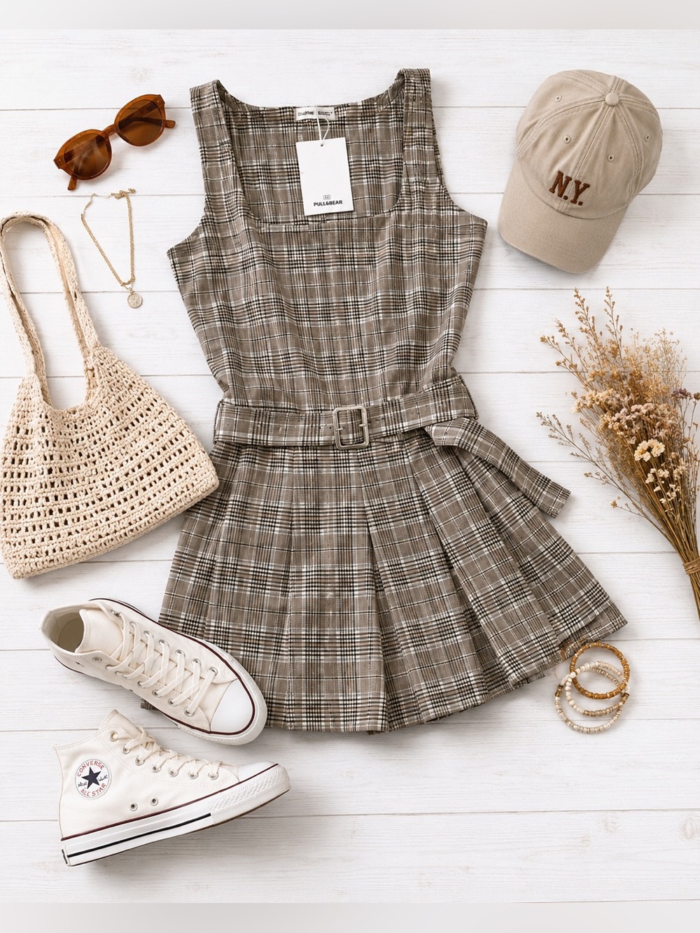 PULL&BEAR Beige Plaid Pleated Belted Mini Dress Size Medium New!